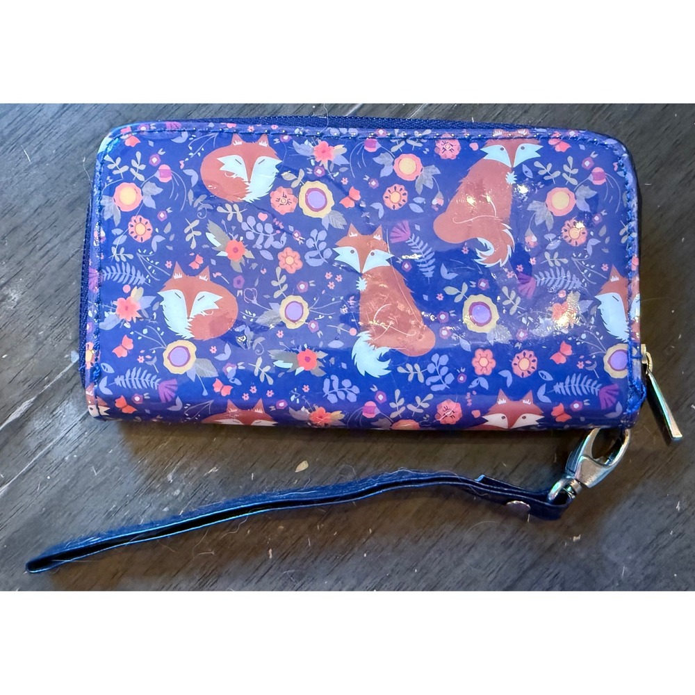 Fox and Floral Print Zip Around Wristlet Wallet Navy Blue Woodland Organizer